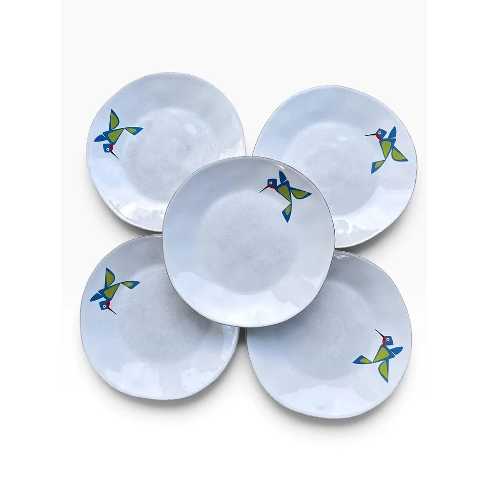 Crate & Barrel Hummingbird Dinner Plates Portugal Stoneware Set of 5 Geometric